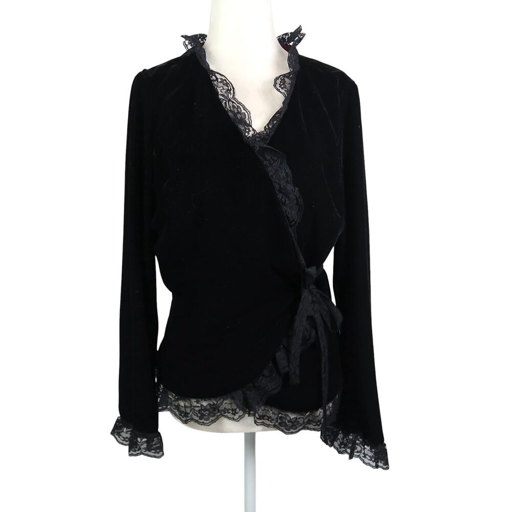 Vintage 90s Ice Black Velvet Lace Trim Wrap Blouse Top M